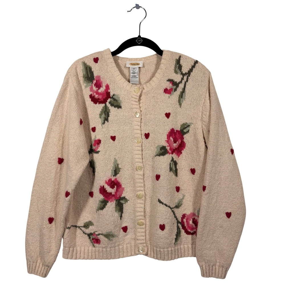 Talbots Womens Cream Embroidered Rose Heart Cardigan Sweater Med Vintage Style - Picture 2 of 7